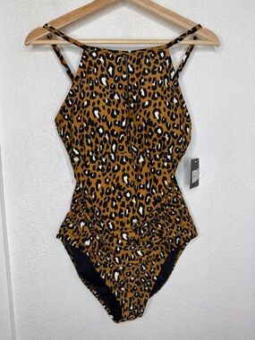 Ellen Tracy Leopard Print Ruched One Piece Swimsuit Size 12 Full Coverage